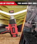 Cordless Heat Gun For Milwaukee 18V Battery Tool Only with hands-free feature softening hoses in workshop setting.