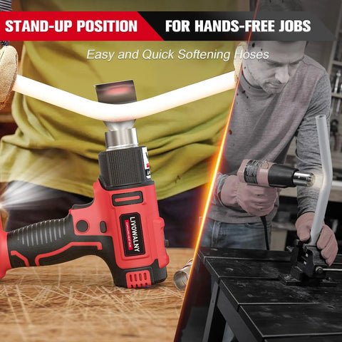 Cordless Heat Gun For Milwaukee 18V Battery Tool Only with hands-free feature softening hoses in workshop setting.