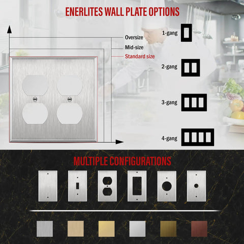 Comparison chart of Enerlites wall plate options showing single to four gang configurations in various finishes and sizes.