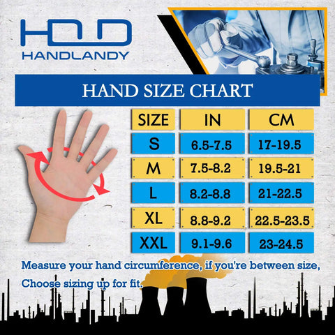 Hand size chart showing measurement guide for Six Pairs Work Gloves For Men And Women Touchscreen Ready Heavy Duty Utility