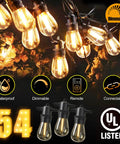 Close-up of 100-Foot Outdoor String Lights with 54 Shatterproof Edison S14 Bulbs, dimmable, and waterproof features highlighted.