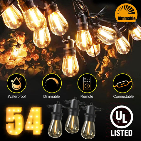 Close-up of 100-Foot Outdoor String Lights with 54 Shatterproof Edison S14 Bulbs, dimmable, and waterproof features highlighted.
