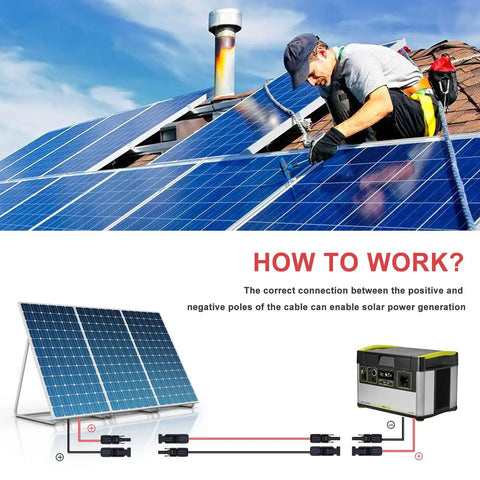 Heavy Duty Twin Wire 50ft Solar Extension Cable, 10AWG (6mm) Black and Red, IP67 Solar Panel Connectors, shown with solar panels and generator