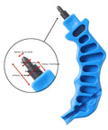 Side view of blue plastic 2-in-1 drip irrigation hole punch tool with metal punch tip; inset shows measurements.
