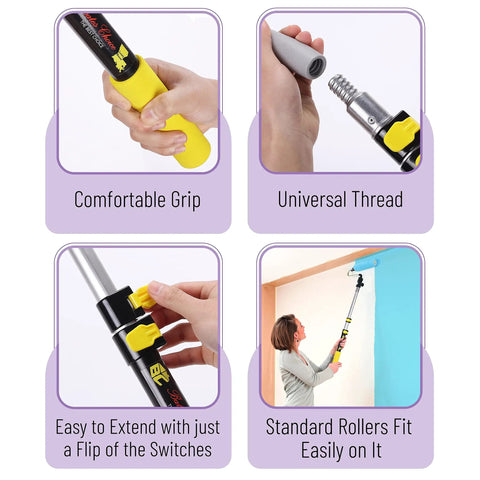Telescopic Extension Pole 3 Ft Aluminum Alloy With Flip Lock, showcasing grip, thread, extension, and painting use