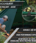 Person setting up an ultralight waterproof tarp for backpacking and thru-hiking, shown with 40D ripstop nylon and seam-taped rain fly.