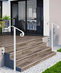 Heavy Duty Wrought Iron Non Drill Handrail Railing For Outdoor Steps Featuring In Ground Single Post Setup Plus All Weather Black Paint Finish That Is Built Like A Tank For Your Exterior Walkway on modern steps.