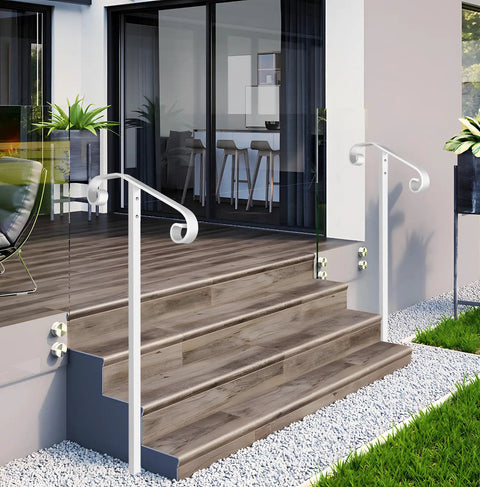 Heavy Duty Wrought Iron Non Drill Handrail Railing For Outdoor Steps Featuring In Ground Single Post Setup Plus All Weather Black Paint Finish That Is Built Like A Tank For Your Exterior Walkway on modern steps.