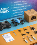 Package contents of Mini Drone For Kids And Beginners With 3 Batteries, Indoor RC Quadcopter shown on a table with accessories.