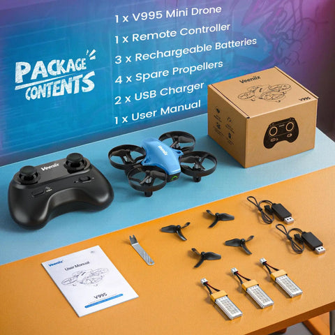Package contents of Mini Drone For Kids And Beginners With 3 Batteries, Indoor RC Quadcopter shown on a table with accessories.