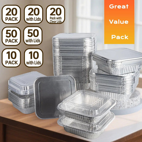 20 Pack 8x8 Aluminum Pans With Lids For Baking Roasting And Reheating Heavy Duty Square Foil Pans displayed on a table.