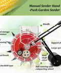 Manual Hand Push Seeder With Wheel For Easy Row Planting, Stainless Steel Duckbill And Seed Box, labeled parts diagram