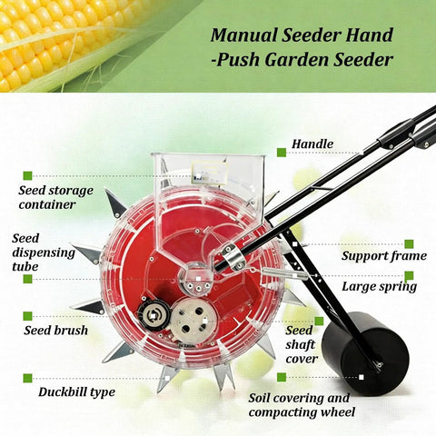Manual Hand Push Seeder With Wheel For Easy Row Planting, Stainless Steel Duckbill And Seed Box, labeled parts diagram