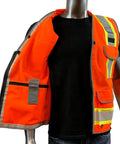 Mannequin wearing Two Tone Class 2 Heavy Woven Hi Viz Engineer Jacket in 300D Oxford front, open to show interior and reflective tape
