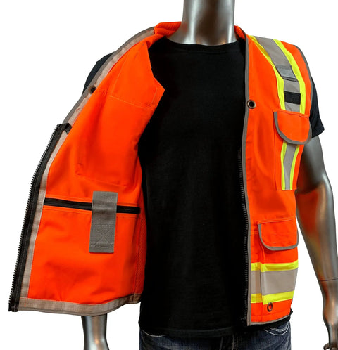 Mannequin wearing Two Tone Class 2 Heavy Woven Hi Viz Engineer Jacket in 300D Oxford front, open to show interior and reflective tape
