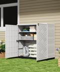 Waterproof Outdoor Storage Cabinet With Two Shelves 60 Gallon Resin Shed open on patio with tools and supplies inside, white.