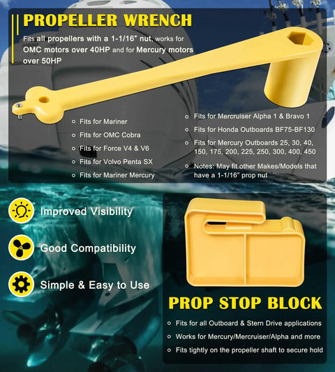 Yellow 1-1/16 Inch Propeller Wrench And Prop Stop Block Kit For All Outboard And Sterndrive Props Pro Grade PMPS-1-DP Stop