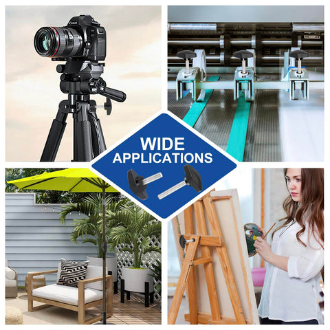 Collage showing M6 20mm Thumb Screws With T Handle Wing Knobs used on a tripod, machinery, outdoor furniture, and an easel.
