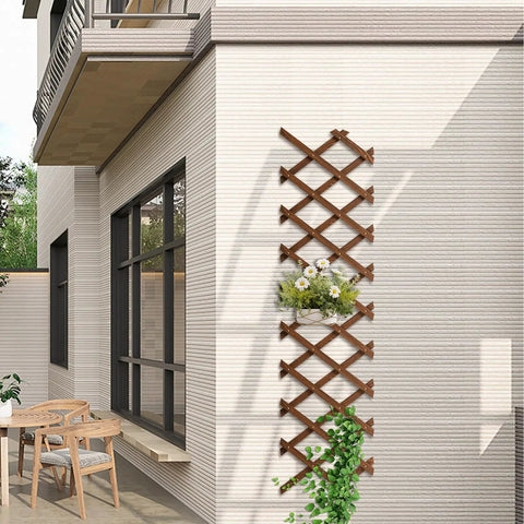 Expandable Garden Trellis For Climbing Plants Outdoor Adjustable Wooden Lattice Fence Panel 13.1 Inches By 67 Inches No Tool Needed EZ Install mounted on house wall