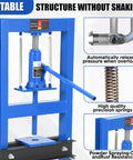 Close-up of 6 Ton Hydraulic Shop Press Heavy Duty H Frame Floor Press with blue frame and adjustable features.