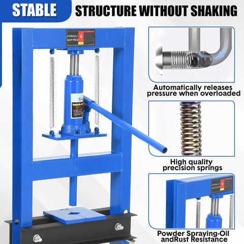 Close-up of 6 Ton Hydraulic Shop Press Heavy Duty H Frame Floor Press with blue frame and adjustable features.