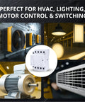 4 Pole Contactor With 110 120V Coil, 63A Normally Closed NC, shown with HVAC, lighting, motor, and industrial applications.