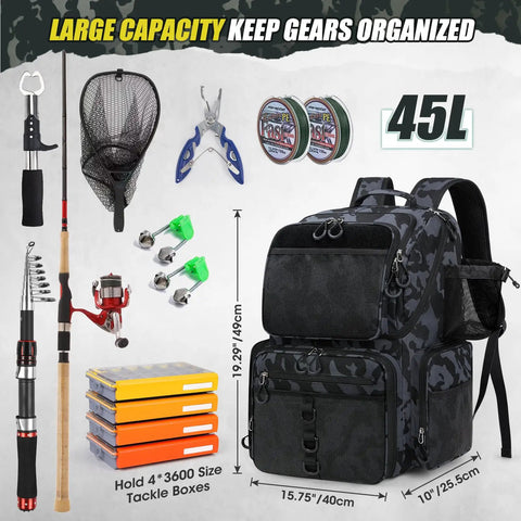 45L Fishing Backpack With Rod Holders And Rain Cover featuring tackle gear, rod, and tackle boxes for fishing.