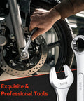 Mechanic using 5 Piece SAE Combination Wrench Set With 12 Point Chrome Vanadium Wrenches From 1 Inch To 1 And One Quarter Inch In Rolling Pouch, Pro Grade Tough And Durable, Heat Treated, Anti Rust Chrome Finish, ANSI Certified on motorcycle wheel.