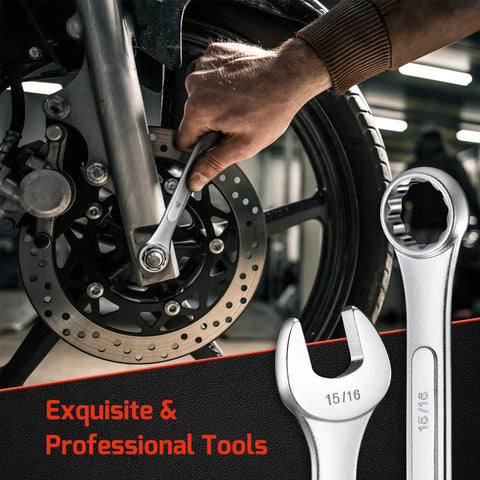 Mechanic using 5 Piece SAE Combination Wrench Set With 12 Point Chrome Vanadium Wrenches From 1 Inch To 1 And One Quarter Inch In Rolling Pouch, Pro Grade Tough And Durable, Heat Treated, Anti Rust Chrome Finish, ANSI Certified on motorcycle wheel.
