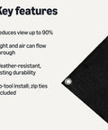 Image of Outdoor Privacy Fence Screen 3 X 10 Ft Black showing key features like 90% view reduction, durability, and easy install