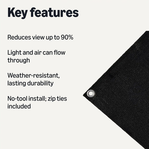 Image of Outdoor Privacy Fence Screen 3 X 10 Ft Black showing key features like 90% view reduction, durability, and easy install