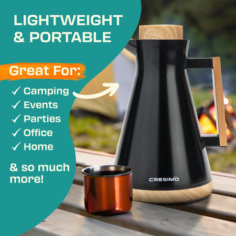 Vacuum Insulated Thermal Carafe 34 Oz Keeps Coffee Hot for 12 Hours with glass wall and beech wood accents on picnic table.