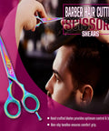Pro Grade Hair Cutting Scissors Six Point Five Inch Stainless Steel Barber Shears With Two Point Seven Inch Razor Edge Blade Ergonomic Design For Smooth Precise Cuts Salon Quality Tools For Stylists And Home Use, rainbow barber shears on client