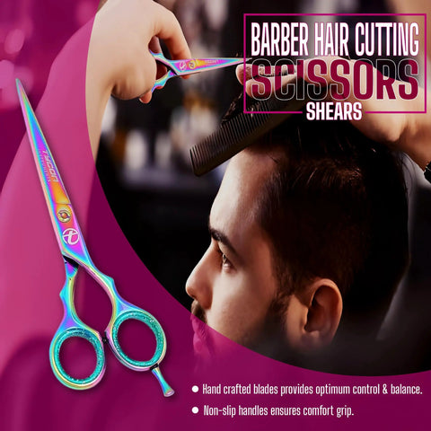 Pro Grade Hair Cutting Scissors Six Point Five Inch Stainless Steel Barber Shears With Two Point Seven Inch Razor Edge Blade Ergonomic Design For Smooth Precise Cuts Salon Quality Tools For Stylists And Home Use, rainbow barber shears on client