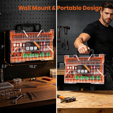 Go To Heavy Duty Rotary Tool Bits Kit With Universal Collet Set, dead nut fit in clear storage case, measuring 10.2x7x2.3 inches.