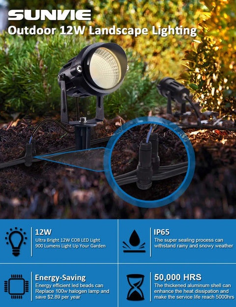 Close-up view of outdoor landscape lighting with spotlight and wire connectors in use, showcasing 12W LED light and durability features.