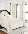 Cream Linen Look Curtains For Living Room 86 Inch Long 2 Panels 52Wx86L Semi Sheer Light Filtering Privacy Track System With Back Tabs And Tiebacks Beige White Pleated Drapes installed in a bright bedroom setting with a bed and window view