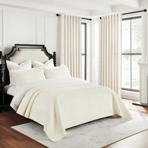 Cream Linen Look Curtains For Living Room 86 Inch Long 2 Panels 52Wx86L Semi Sheer Light Filtering Privacy Track System With Back Tabs And Tiebacks Beige White Pleated Drapes installed in a bright bedroom setting with a bed and window view