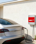 Heavy Duty Tesla Charger Enclosure Lock Box Featuring Rugged Wall Mount Security Sleek Cord Organizer And Rock Solid Weatherproof Cover For Model Y And Model 3 Game Changer mounted on wall beside charging Tesla.