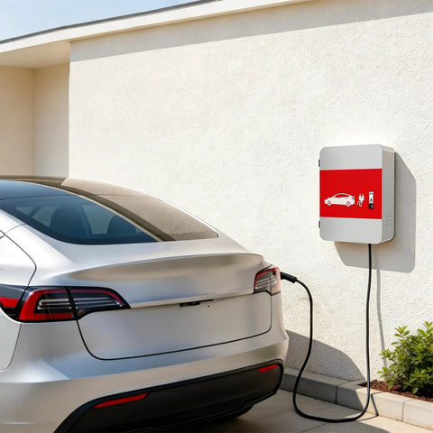Heavy Duty Tesla Charger Enclosure Lock Box Featuring Rugged Wall Mount Security Sleek Cord Organizer And Rock Solid Weatherproof Cover For Model Y And Model 3 Game Changer mounted on wall beside charging Tesla.