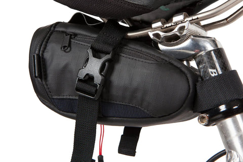 Black Waterproof Under Saddle Seat Pack For Bike Commuting And Touring, Recycled Ripstop Bag With Adjustable Saddle Mount in use