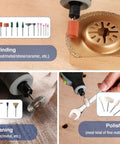Image showcasing All In One 698 Piece Rotary Tool Accessories Kit with tools for grinding, cleaning, polishing on various materials.