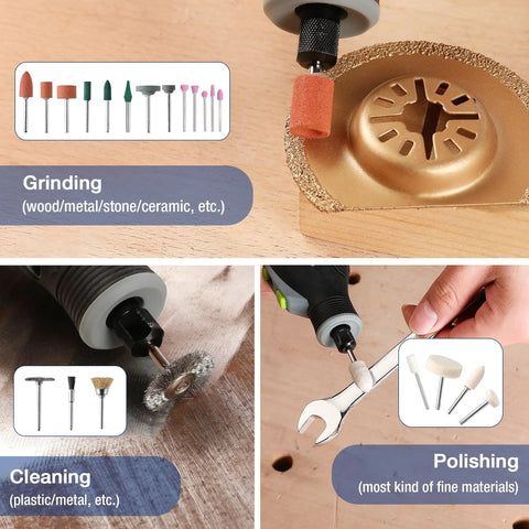 Image showcasing All In One 698 Piece Rotary Tool Accessories Kit with tools for grinding, cleaning, polishing on various materials.