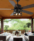 Retractable 36 Inch Farmhouse Rustic Ceiling Fan With Light Caged Style on patio, living room seating, lush greenery