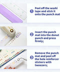 Step-by-step guide showing the Killer Precision Donut Punch For Washi Tape And Paper Crafting Tool for making stickers.