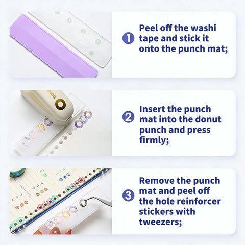 Step-by-step guide showing the Killer Precision Donut Punch For Washi Tape And Paper Crafting Tool for making stickers.