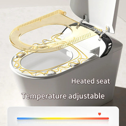 Slick Black Smart Toilet With Built In Bidet And Heated Seat Offering Pre Wet Rinse And Adjustable Warm Water Streams For A Legit Top Shelf Fresh Setup Straight Up, featuring an adjustable heated seat.