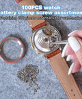100Pcs Watch Battery Clamp Screws Set for micro screw replacement in watches with watch and toolbox visible