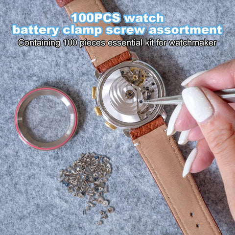 100Pcs Watch Battery Clamp Screws Set for micro screw replacement in watches with watch and toolbox visible