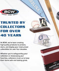 Display of sports collectibles including baseball display case and BCW football album